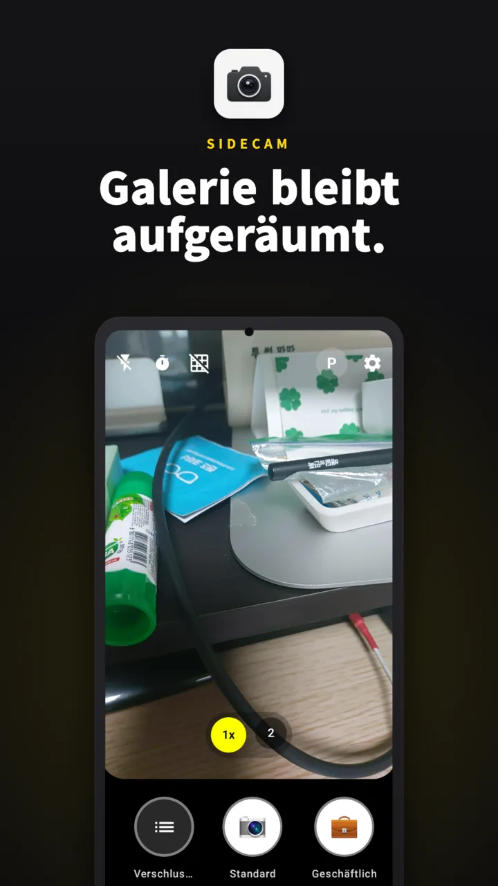 SideCam-Kamerabildschirm — unten die Auslöserliste mit Standard- und Arbeits-Auslöser