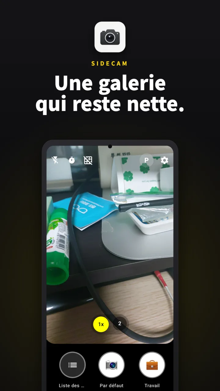 Écran caméra de SideCam — liste des déclencheurs, Standard et Travail en bas