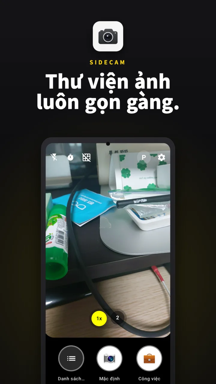 Màn hình camera SideCam — bên dưới là danh sách nút chụp với nút Cơ bản và Công việc