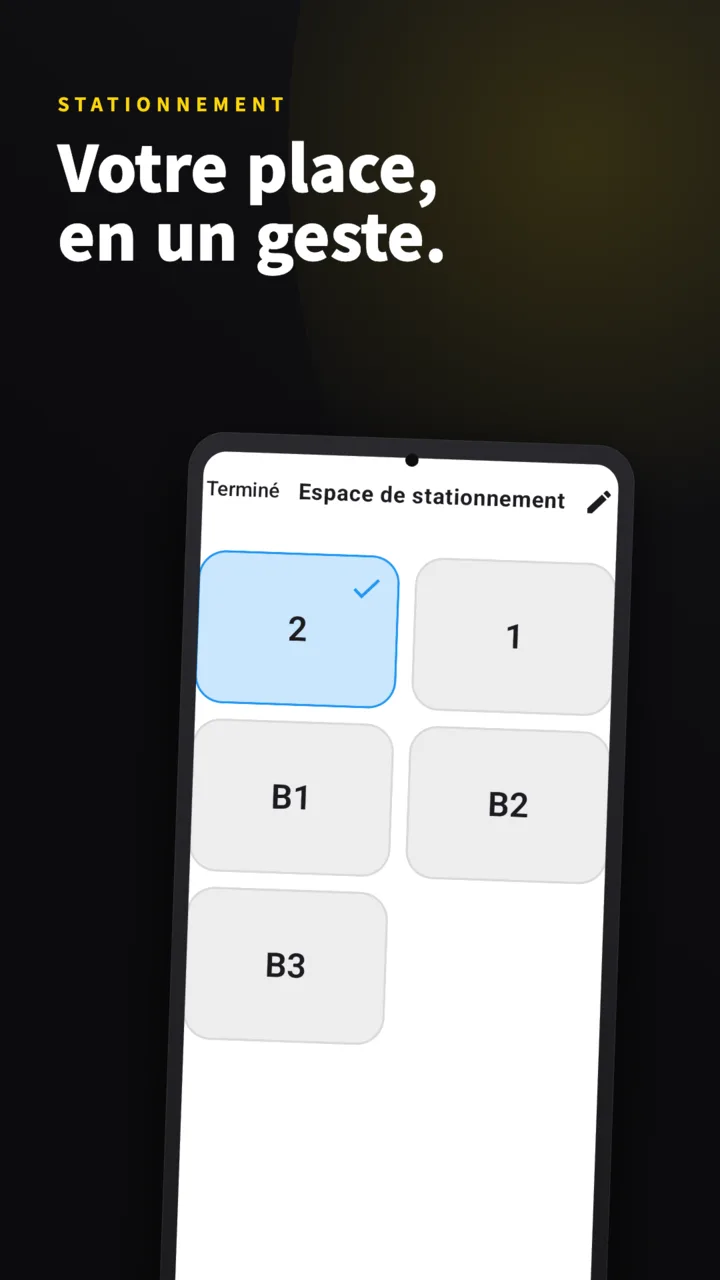 Écran des places de parking — places enregistrées et heure de stationnement