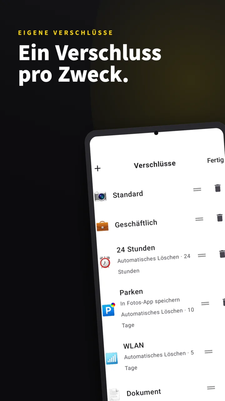 SideCam-Auslöserliste — Standard, Arbeit, 24 Stunden, Parken und WLAN