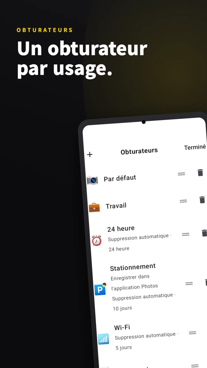 Liste des déclencheurs SideCam — Standard, Travail, 24 heures, Parking et Wi-Fi