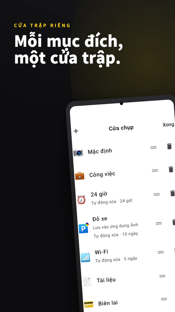 Danh sách nút chụp SideCam — Cơ bản, Công việc, 24 giờ, Đỗ xe, Wi-Fi