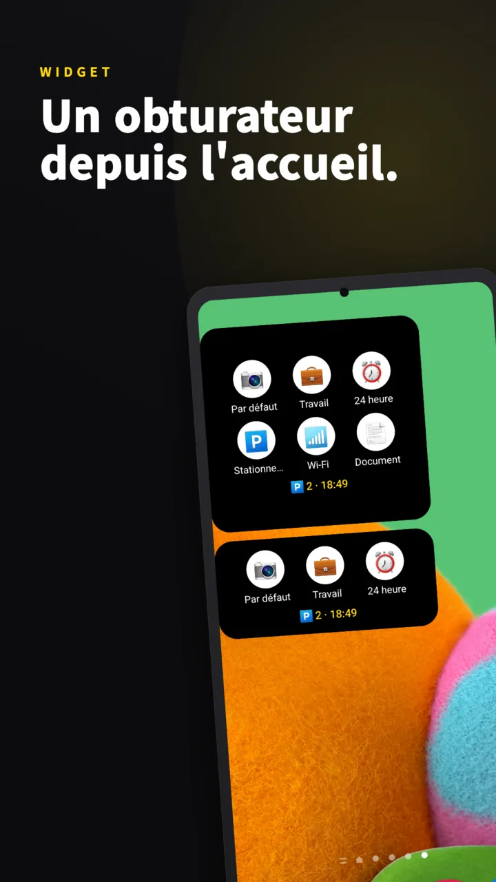 Widget SideCam sur l'écran d'accueil — boutons déclencheurs et infos de stationnement